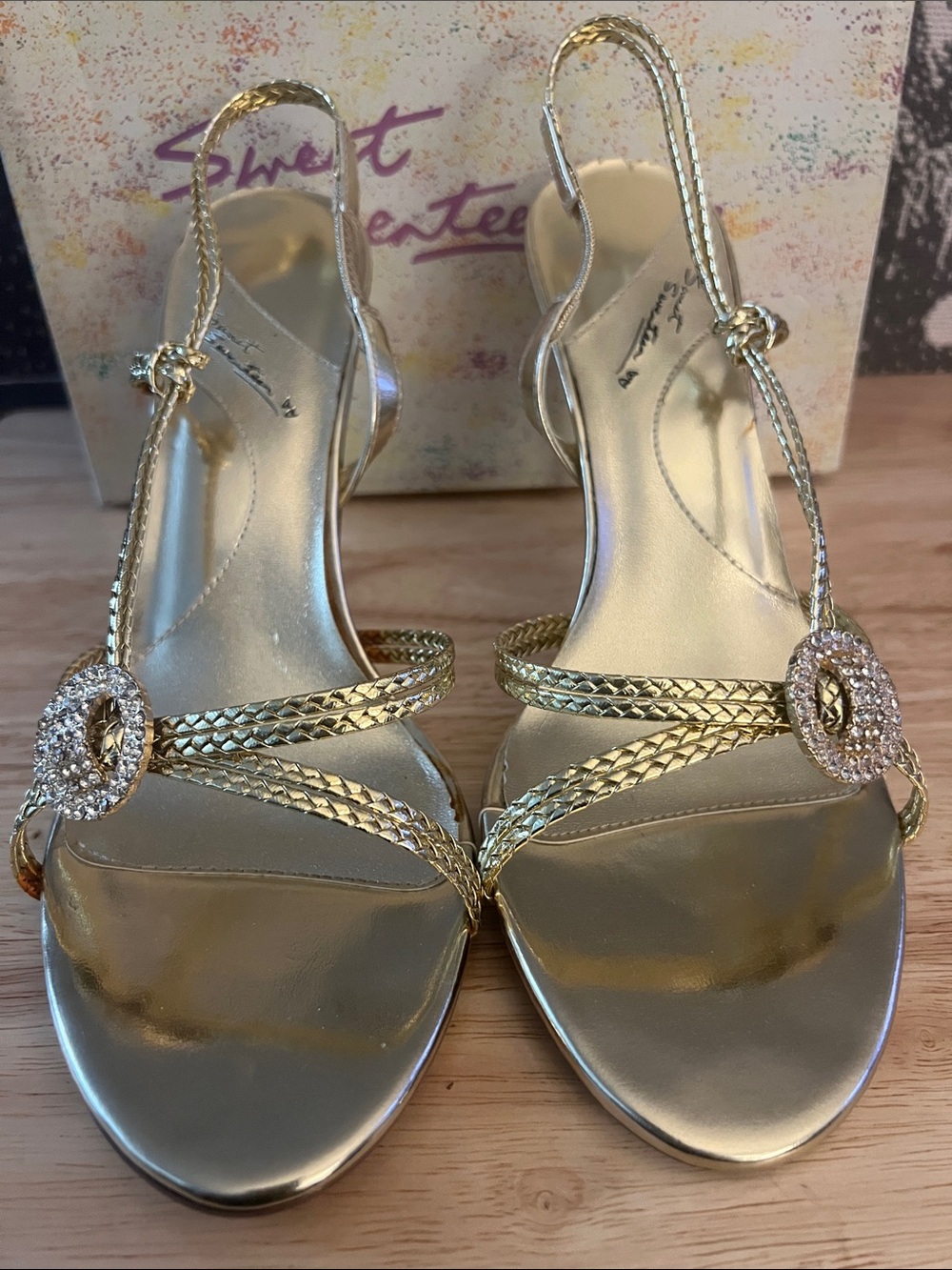 Gold Braided Slingback Heels with Crystal Accent
